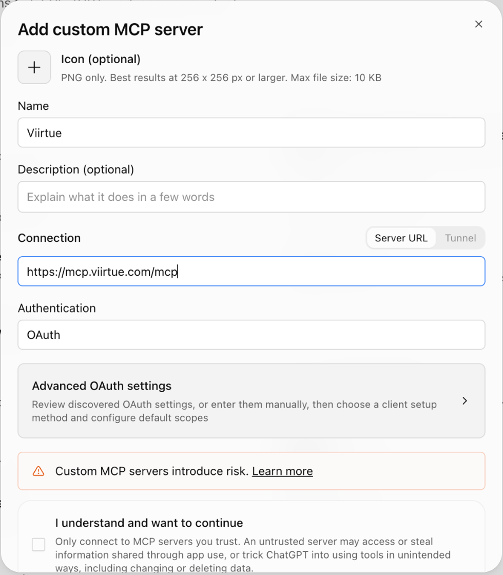 ChatGPT's Add custom MCP server form with the name Viirtue, the server URL https://mcp.viirtue.com/mcp, and OAuth authentication