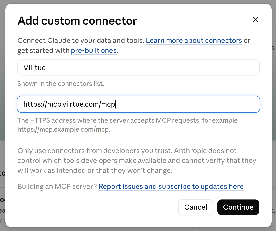 Claude's Add custom connector dialog with the name Viirtue and the URL https://mcp.viirtue.com/mcp