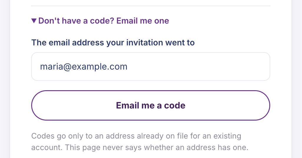 The Viirtue sign-in page's Email me one section with an email address entered and the Email me a code button