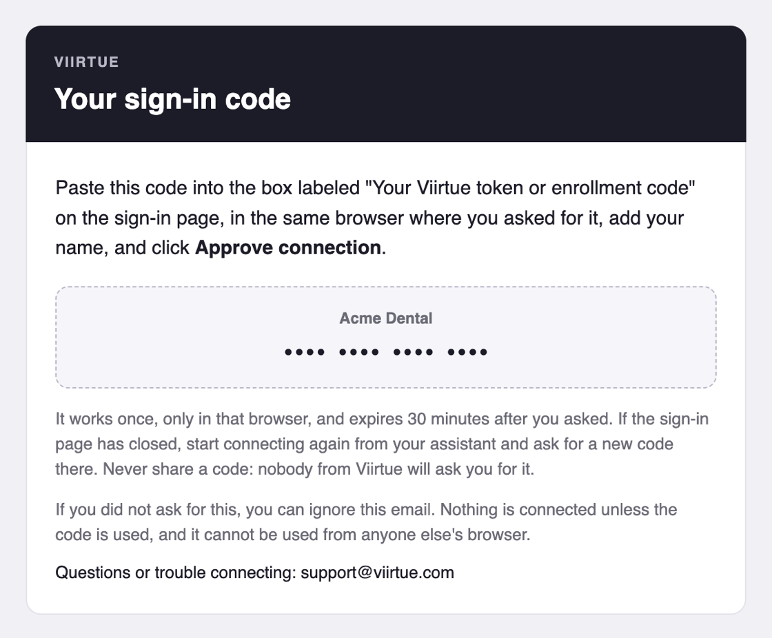 The Viirtue sign-in code email, with the code masked