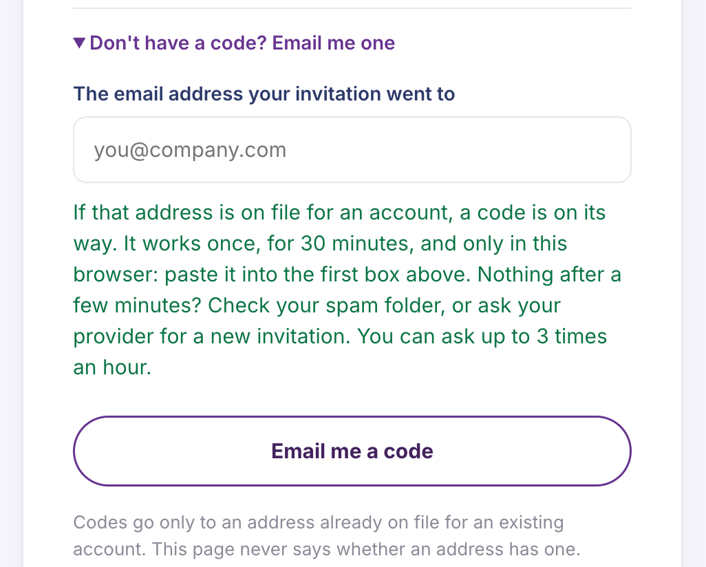 The sign-in page confirming that a code is on its way if the address is on file