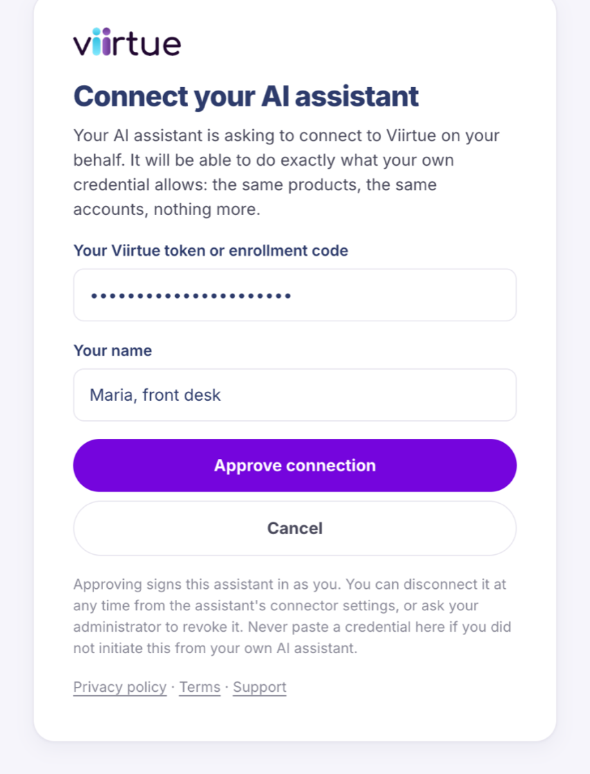 Viirtue's sign-in page with a pasted code, the name Maria, front desk, and the Approve connection button